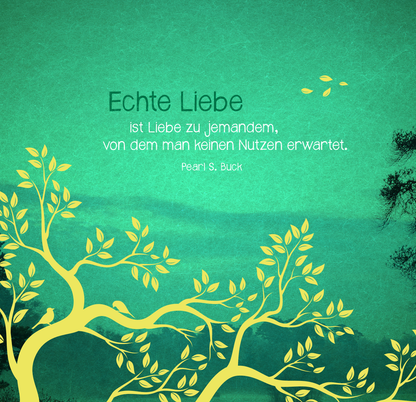 Gezeigt wird eine Innen- oder Zusatzansicht von „Uralte Weisheiten der Bäume“. Der Hintergrund ist in sanftem Türkis gehalten, während ein geschwungener Baum in leuchtendem Gelb angezeigt wird. Die Blätter des Baumes in verschiedenen Grüntönen verleihen dem Bild Lebendigkeit. Die zentrale Ausgestaltung enthält den Spruch „Echte Liebe ist Liebe zu jemandem, von dem man keinen Nutzen erwartet“ in einer gut lesbaren, modernen Schriftart. Der Autor wird klein und dezent in einer...