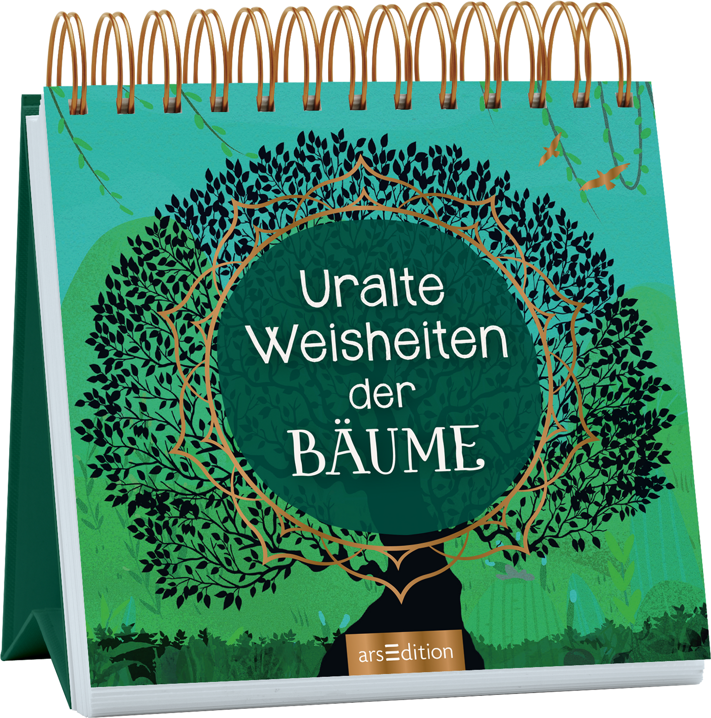 Auf dem Cover ist ein stilisierter Baum mit ausladenden Ästen und einer dichten Blattkrone abgebildet. Der Hintergrund in sanften Grüntönen schafft eine beruhigende Atmosphäre. In der Mitte des Covers steht in eleganter, weißer Schrift „Uralte Weisheiten der Bäume“ auf einem runden, tealgrünen Hintergrund. Der leicht goldene Rahmen um den Text verstärkt die visuelle Anziehung. Ganz unten mittig steht der Logoschriftzug von arsEdition.