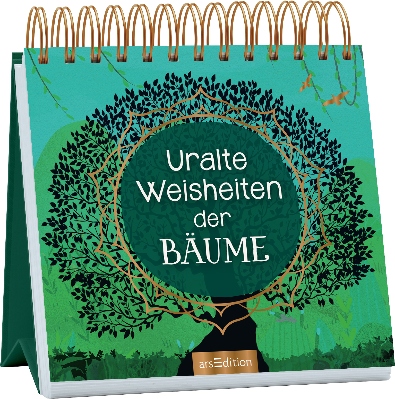 Auf dem Cover ist ein stilisierter Baum mit ausladenden Ästen und einer dichten Blattkrone abgebildet. Der Hintergrund in sanften Grüntönen schafft eine beruhigende Atmosphäre. In der Mitte des Covers steht in eleganter, weißer Schrift „Uralte Weisheiten der Bäume“ auf einem runden, tealgrünen Hintergrund. Der leicht goldene Rahmen um den Text verstärkt die visuelle Anziehung. Ganz unten mittig steht der Logoschriftzug von arsEdition.