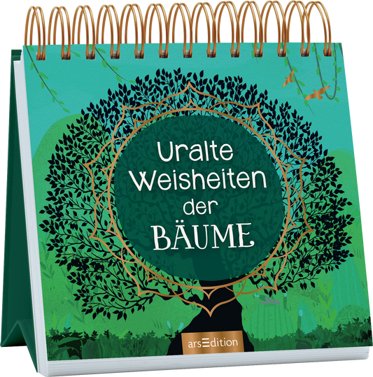 Auf dem Cover ist ein stilisierter Baum mit ausladenden Ästen und einer dichten Blattkrone abgebildet. Der Hintergrund in sanften Grüntönen schafft eine beruhigende Atmosphäre. In der Mitte des Covers steht in eleganter, weißer Schrift „Uralte Weisheiten der Bäume“ auf einem runden, tealgrünen Hintergrund. Der leicht goldene Rahmen um den Text verstärkt die visuelle Anziehung. Ganz unten mittig steht der Logoschriftzug von arsEdition.