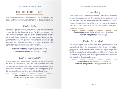 Gezeigt wird eine Innen- oder Zusatzansicht von „Das kleine Buch der Astrologie“. Die Seiten sind in einem klaren, zweispaltigen Layout gestaltet, geprägt von einer leicht lesbaren Serifenschrift. Der Kopfbereich jedes Abschnitts ist in großen, fettgedruckten Buchstaben verfasst, während der Fließtext informativ und gut strukturiert ist. Ein sanfter, cremefarbener Hintergrund sorgt für eine angenehme Lesbarkeit. Die Inhalte sind in thematische Abschnitte unterteilt, die verschiedene...