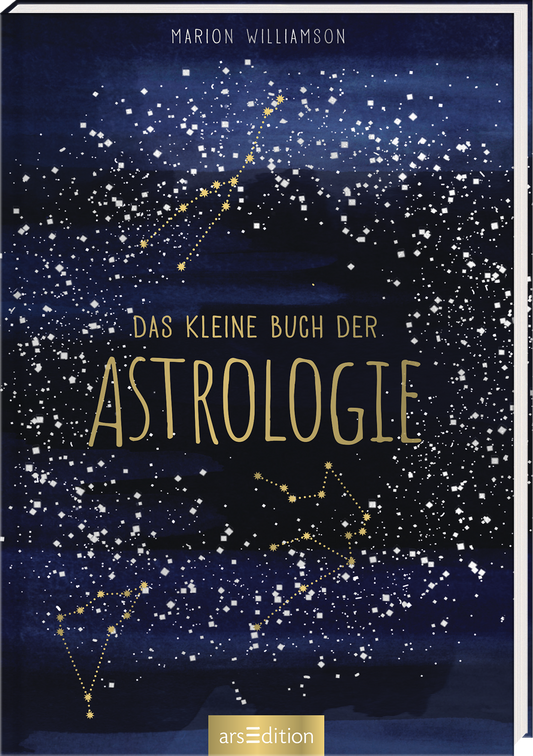 Das Cover zeigt einen tiefblauen Nachthimmel, durchzogen von zahlreichen, funkelnden Sternen. Goldene Linien bilden die Umrisse von Sternbildern. In der Mitte des Covers steht in großen, goldenen Buchstaben „DAS KLEINE BUCH DER ASTROLOGIE“. Oberhalb des Titeltextes befindet sich der Name „MARION WILLIAMSON“ in schlichter, weißer Schrift. Ganz unten mittig steht der Logoschriftzug von arsEdition.