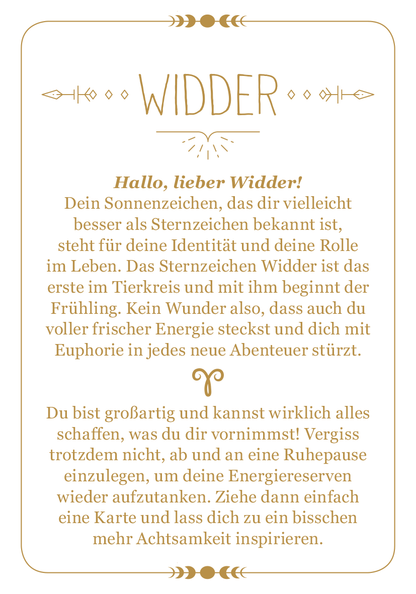 Gezeigt wird eine Innen- oder Zusatzansicht von „Achtsamkeit für den Widder“. Die Seite ist in sanften Beigetönen gehalten, mit goldenem Schriftzug, der den Titel „WIDDER“ prominent anzeigt. Darunter folgt der einladende Text „Hallo, lieber Widder!“ in einer klaren, gut lesbaren Serifenschrift. Dekorative grafische Elemente, wie kleine Symbole, umrahmen den Text und verleihen der Gestaltung eine freundliche, harmonische Atmosphäre.