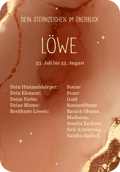Gezeigt wird eine Innen- oder Zusatzansicht von „Achtsamkeit für den Löwen“. Der Hintergrund ist in warmen Gold- und Erdtönen gehalten. Oben steht in großer, klarer Schrift „LÖWE“ mit einem leichten Glitzereffekt. Darunter sind die Daten des Sternzeichens, eingerahmt von feinen, schimmernden Sternen. Die Schrift ist modern und gut lesbar, und die Liste der Eigenschaften und berühmten Löwen ist übersichtlich angeordnet.