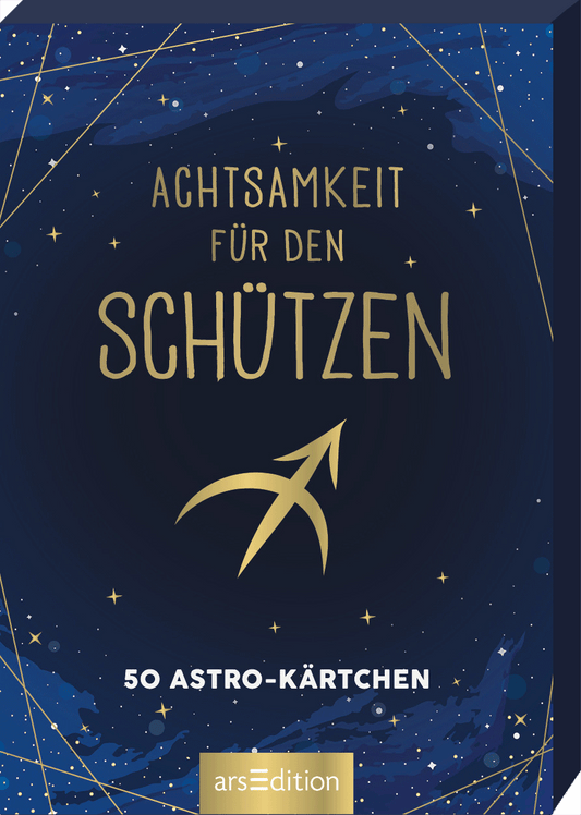 Das Buchcover zeigt einen tiefblauen Hintergrund, der mit goldenen Sternen und strahlenden Konstellationen geschmückt ist. In der Mitte prangt der Titel „Achtsamkeit für den Schützen“ in eleganter, goldener Schrift, wobei „Schützen“ besonders hervorgehoben ist. Unterhalb befindet sich der Hinweis „50 Astro-Kärtchen“ in kleinerer, ebenfalls goldener Schrift. Ganz oben links sind die Sterne dezent angeordnet, was eine beruhigende und mystische Atmosphäre erzeugt. Ganz unten...