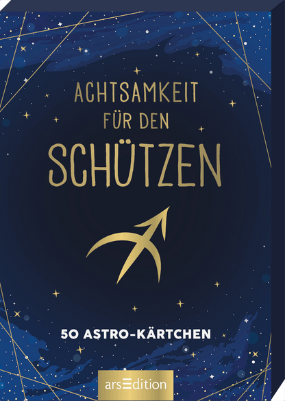 Das Buchcover zeigt einen tiefblauen Hintergrund, der mit goldenen Sternen und strahlenden Konstellationen geschmückt ist. In der Mitte prangt der Titel „Achtsamkeit für den Schützen“ in eleganter, goldener Schrift, wobei „Schützen“ besonders hervorgehoben ist. Unterhalb befindet sich der Hinweis „50 Astro-Kärtchen“ in kleinerer, ebenfalls goldener Schrift. Ganz oben links sind die Sterne dezent angeordnet, was eine beruhigende und mystische Atmosphäre erzeugt. Ganz unten...