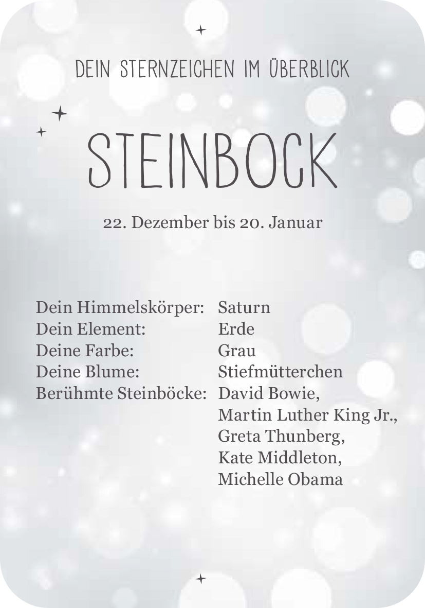 Gezeigt wird eine Innen- oder Zusatzansicht von „Achtsamkeit für den Steinbock“. Die Ansicht ist in sanften Grautönen gehalten und enthält sechseckige Formen, die den astrometrischen Einfluss symbolisieren. Die Typografie ist modern und elegant, mit großem, fette Buchstaben für „STEINBOCK“ und klaren, leicht lesbaren Untertexten. Wichtige Informationen wie das Element, die Farbe und berühmte Steinböcke sind übersichtlich angeordnet, um eine einfache Navigation zu ermöglichen.