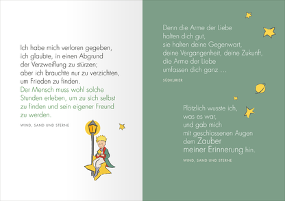 Gezeigt wird eine Innen- oder Zusatzansicht von „Du allein wirst Sterne haben, die lachen können ...“. Die Seite zeigt eine sanfte Farbgestaltung in Weiß und zartem Grün. Links ist ein verspieltes, illustriertes Kind auf einer Laterne abgebildet. Der Text beinhaltet poetische Schriftzüge in einer klaren, gut lesbaren Serifen-Schrift. Auf der rechten Seite sind ebenfalls Sterne und eine durchgehende künstlerische Gestaltung zu sehen, die die emotionale Botschaft des Inhalts unterstützt.