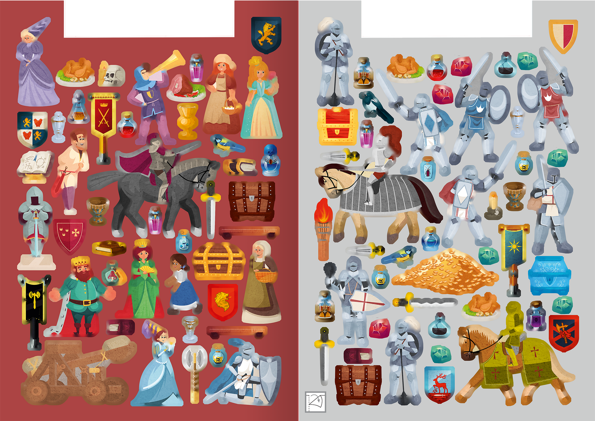 Gezeigt wird eine Innen- oder Zusatzansicht von „Meine Sticker-Ritterburg“. Die Illustration zeigt eine bunte Ansammlung von Stickern, die auf der linken Seite Ritter, Burgfräuleins, Rüstungen und Wappen in warmen Rottönen darstellt. Die rechte Seite ist in kühleren Grautönen gehalten und zeigt kämpfende Ritter, ein Pferd sowie verschiedene Schatzkisten und Zaubertränke. Die Typografie ist verspielt und kindgerecht gestaltet, passend zum mittelalterlichen Thema.