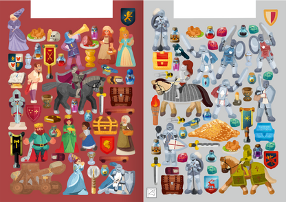 Gezeigt wird eine Innen- oder Zusatzansicht von „Meine Sticker-Ritterburg“. Die Illustration zeigt eine bunte Ansammlung von Stickern, die auf der linken Seite Ritter, Burgfräuleins, Rüstungen und Wappen in warmen Rottönen darstellt. Die rechte Seite ist in kühleren Grautönen gehalten und zeigt kämpfende Ritter, ein Pferd sowie verschiedene Schatzkisten und Zaubertränke. Die Typografie ist verspielt und kindgerecht gestaltet, passend zum mittelalterlichen Thema.