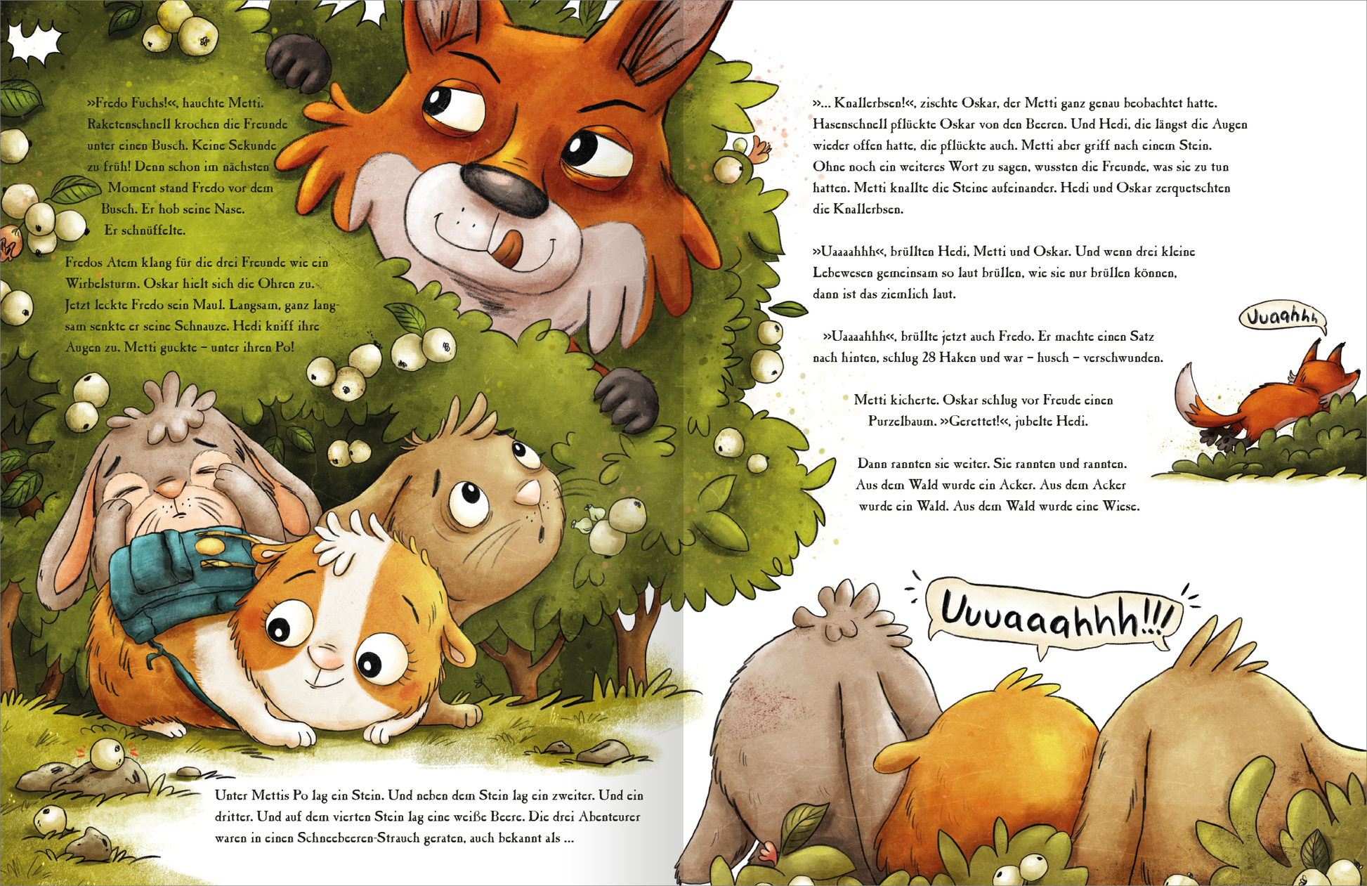 Gezeigt wird eine Innen- oder Zusatzansicht von „Metti Meerschwein und das große Abenteuer“. Die Illustration zeigt eine lebendige Szene im Wald mit einem orangefarbenen Fuchs und mehreren Tierfreunden, darunter ein Meerschweinchen, das auf dem Rücken eines anderen sitzt. Die Farben sind warm und einladend, mit dominierenden Grüntönen und bunten Akzenten. Die Schrift ist freundlich und kindgerecht, was die fröhliche Stimmung der Geschichte unterstreicht. Ein lautes „Uuuuaaaahhh!!“...