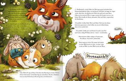 Gezeigt wird eine Innen- oder Zusatzansicht von „Metti Meerschwein und das große Abenteuer“. Die Illustration zeigt eine lebendige Szene im Wald mit einem orangefarbenen Fuchs und mehreren Tierfreunden, darunter ein Meerschweinchen, das auf dem Rücken eines anderen sitzt. Die Farben sind warm und einladend, mit dominierenden Grüntönen und bunten Akzenten. Die Schrift ist freundlich und kindgerecht, was die fröhliche Stimmung der Geschichte unterstreicht. Ein lautes „Uuuuaaaahhh!!“...