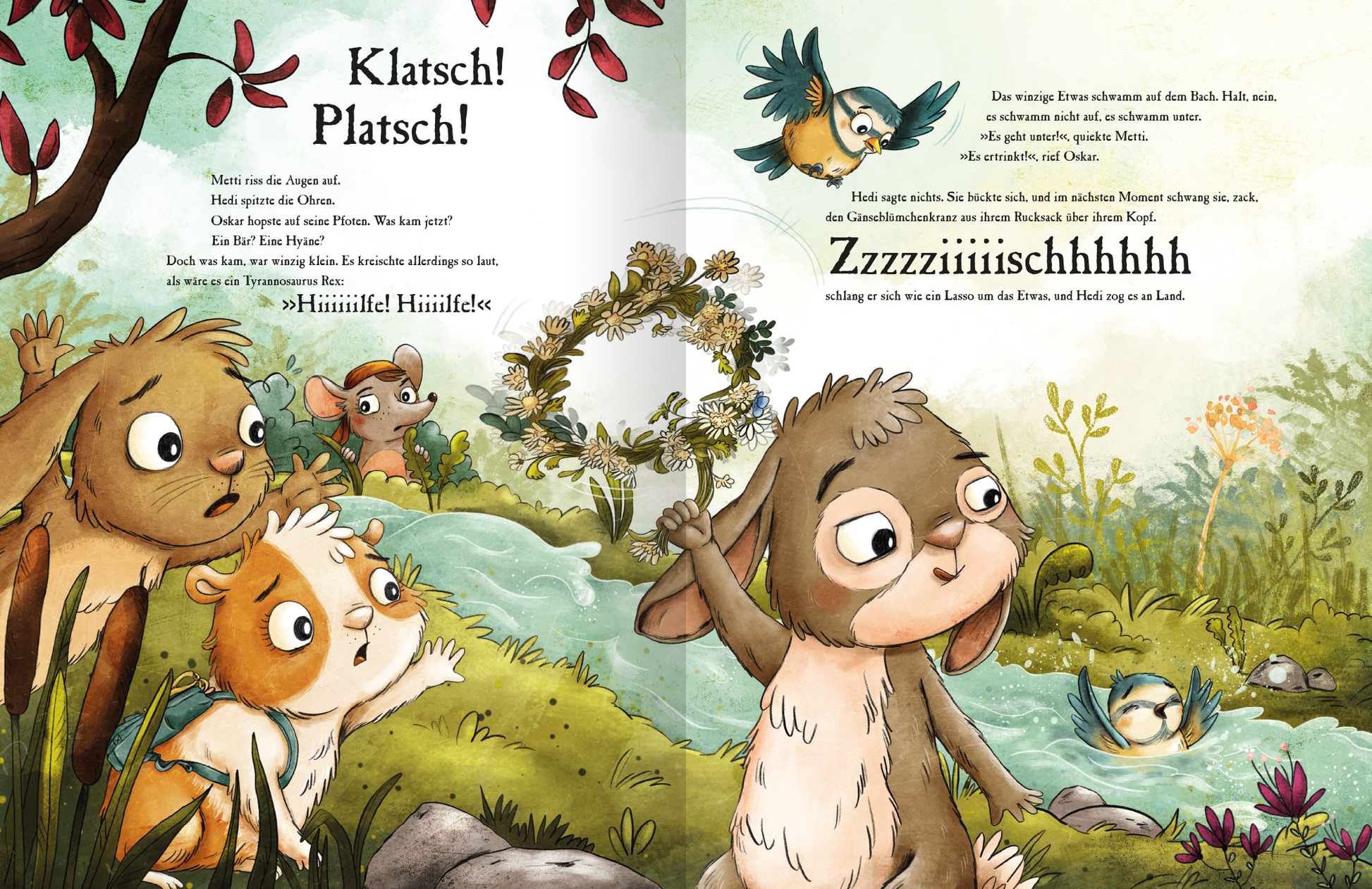 Gezeigt wird eine Innenansicht von „Metti Meerschwein und das große Abenteuer“. Die Illustration zeigt eine lebendige Naturkulisse mit einem klaren, blauen Wasserlauf und umstehenden Pflanzen. Die Figuren, darunter ein braunes Meerschweinchen und ein freundliches Kaninchen, wirken freundlich und neugierig. Der Text ist in bunten Buchstaben gehalten und hebt sich deutlich vom Hintergrund ab. Die Farben sind warm und einladend, mit sanften Grüntönen und hellen Akzenten.