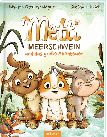 Das Buchcover zeigt die drei tierischen Freunde Metti, ein Meerschweinchen, sowie einen Hasen und ein weiteres Tier, die fröhlich am Ufer eines Gewässers stehen. Die Farben sind hell und freundlich, mit sanften Grüntönen und Erdtönen dominiert. Der Titel „Metti Meerschwein und das große Abenteuer“ ist in verspielter, leicht geschwungener Schrift oben platziert. Eine aufgemalte Blume unterstreicht die Abenteuerlust. Ganz oben links befindet sich ein „SPIEGEL Bestseller“-Button....