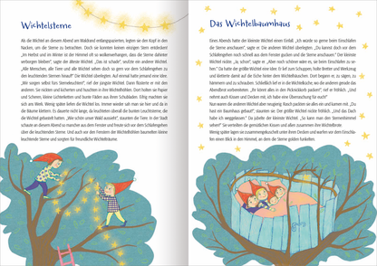 Gezeigt wird eine Innen- oder Zusatzansicht von „222 Geschichten zum Kuscheln“. Die Seite enthält zwei Illustrationen: Links sind fröhliche Wichtel in einem Baum dargestellt, umgeben von bunten Blättern und Sternen. Rechts wird ein Wichtelbaumhaus gezeigt, in dem Kinder gemütlich zusammensitzen. Die Farben sind lebhaft und einladend, mit sanften Blau-, Grün- und Rottönen. Die Schrift ist klar und gut lesbar, mit größeren Überschriften und schmaleren Texten, die eine...