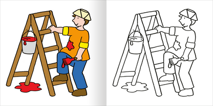 Gezeigt wird eine Innen- oder Zusatzansicht von „Mein erstes dickes Malbuch ab 2 – Baustelle“. Die Abbildung zeigt einen Jungen auf einer Holzleiter, der mit einem Pinsel Farbe aufträgt. Er trägt ein oranges T-Shirt und eine weiße Schirmmütze. Am Boden befindet sich ein Farbtropfen, und ein Eimer mit roter Farbe hängt an der Leiter. Die Farben sind lebhaft und ansprechend gestaltet, um Kinder zu motivieren.