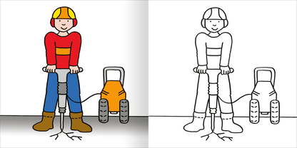 Gezeigt wird eine Innen- oder Zusatzansicht von „Mein erstes dickes Malbuch ab 2 – Baustelle“. Die Abbildung zeigt einen fröhlichen Bauarbeiter in rot-blauer Kleidung mit einem gelben Helm, der eine Bohrmaschine bedient. Neben ihm steht ein orangefarbenes Gerät. Die linke Seite ist farbig, die rechte Seite in Schwarz-Weiß zum Ausmalen. Der Hintergrund ist neutral und lenkt nicht von den zentralen Figuren ab. Die klare, dicke Kontur macht die Szene gut erkennbar.
