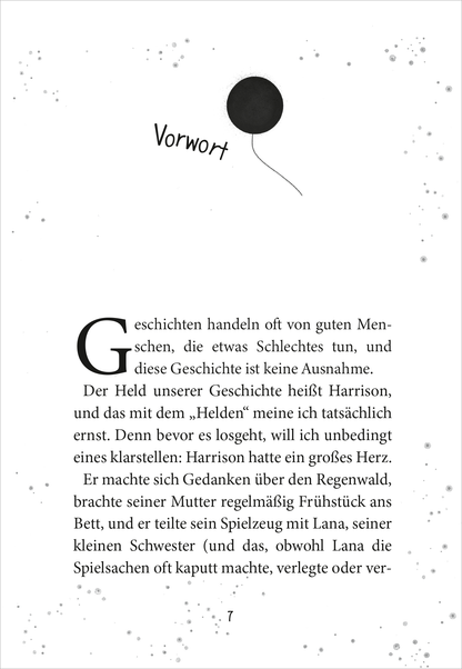 Gezeigt wird eine Innenansicht von „Der Junge, der die Welt verschwinden ließ“. Die Seite präsentiert den Titel „Vorwort“ in moderner, serifenloser Schrift. Ein schlichter schwarzer Ballon schwebt über dem Titel, umgeben von feinen, grauen Spritzern, die eine lebendige, kinderfreundliche Atmosphäre erzeugen. Der Text ist klar strukturiert und in gut lesbarer schwarzer Farbe, was die Zugänglichkeit fördert.