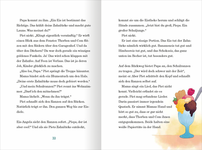 Gezeigt wird eine Innen- oder Zusatzansicht von „Die Wackelzahn-Bande kommt in die Schule“. Die Doppelseite präsentiert einen farbenfrohen, illustrativen Stil, der eine humorvolle Szene aus dem Schulalltag zeigt. Auf der linken Seite befindet sich ein Textabschnitt in klarer, gut lesbarer Schrift. Auf der rechten Seite ist eine bunte Eistüte mit verschiedenen Eissorten abgebildet, die lebendige Farben verwenden. Die Elemente sind freundlich und kinderorientiert gestaltet, um eine...