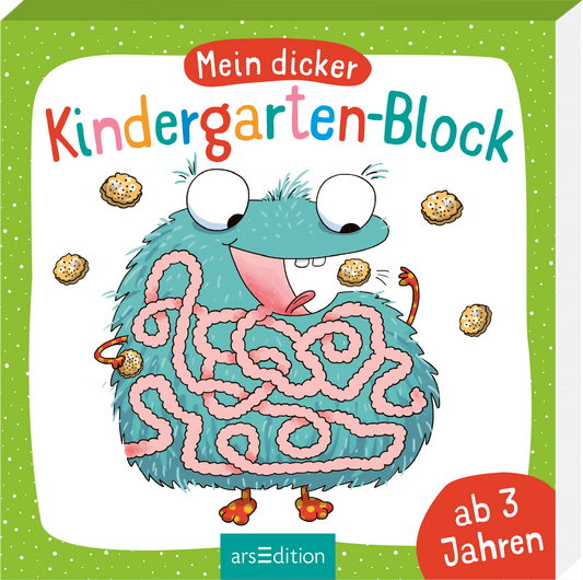 Das Buchcover zeigt ein fröhliches, pummeliges Monster in lebhaften Farben, das mit einem pinkfarbenen Labyrinth aus Linien dekoriert ist. Um das Monster schwirren runde, helle Kekse. Der Titel „Mein dicker Kindergarten-Block“ ist in bunten Buchstaben über dem Monster platziert, während „ab 3 Jahren“ in einer roten, abgerundeten Form am unteren Rand erscheint. Ganz unten mittig steht der Logoschriftzug von arsEdition.