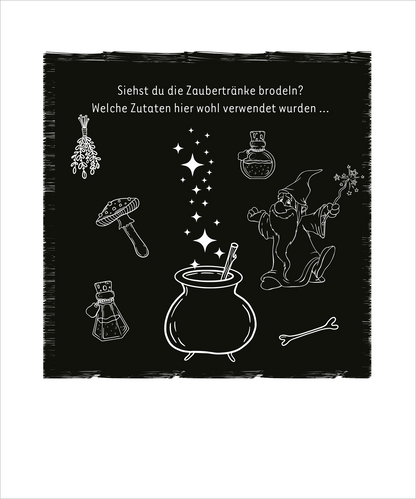 Gezeigt wird eine Innen- oder Zusatzansicht von „Mein cooles leuchtendes Kritzkratz-Buch“. Die Seite ist dunkel gehalten, mit einer Vielzahl von kreativen, weißen Illustrationen, darunter ein Kessel, ein Zauberer und verschiedene magische Zutaten wie Pilze und Kräuter. Oben steht der einladende Text „Siehst du die Zaubertränke brodeln? Welche Zutaten hier wohl verwendet wurden …“. Die verspielte Typografie und die funkelnden Sterne schaffen eine fantasievolle Atmosphäre.