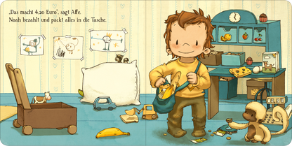 Gezeigt wird eine Innen- oder Zusatzansicht von „All die Sachen, die wir machen“. Die Illustration zeigt ein buntes Kinderzimmer mit einem kleinen Jungen, der fröhlich mit einem blauen Rucksack beschäftigt ist. Er trägt ein gelbes Oberteil und hat braune Haare. Um ihn herum sind Spielsachen wie ein Auto und eine Banane. Im Hintergrund sind an der Wand Zeichnungen von Tieren befestigt, während ein Regal mit verschiedenen Objekten und einer Uhr zu sehen ist. Die Farben sind hell und...