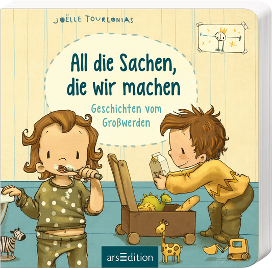 Das Buchcover zeigt zwei fröhliche Kinder in einem bunten, spielerischen Raum. Auf der linken Seite steht ein Mädchen mit lockigem Haar, das Zahnbürste hält, während ein Junge auf der rechten Seite mit einem Spielzeug beschäftigt ist. Der Hintergrund ist in sanften pastellfarbenen Tönen gehalten, mit einem hellblauen Streifenmuster und verschiedenen Spielzeugen am Boden. Der Titel „All die Sachen, die wir machen“ ist in verspielter, grüner Typografie platziert, darunter steht...
