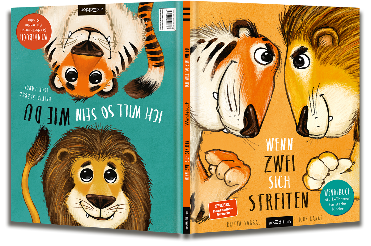Das Cover zeigt einen freundlichen, cartoonhaften Löwen und Tiger, die sich gegenüberstehen. Der Löwe hat eine weiche, braune Mähne. Der Tiger hat orangefarbenes Fell mit schwarzen Streifen. Beide blicken sich herausfordernd an. Der Hintergrund ist in kräftigem Gelbton gehalten. In der Mitte steht der Titel „Wenn zwei sich streiten“, wobei die Typografie abwechselnd schwarz und weiß ist. Ganz unten sind die Namen der Autorin Britta Sabbag und des Illustrators Igor Lange. Auf der...