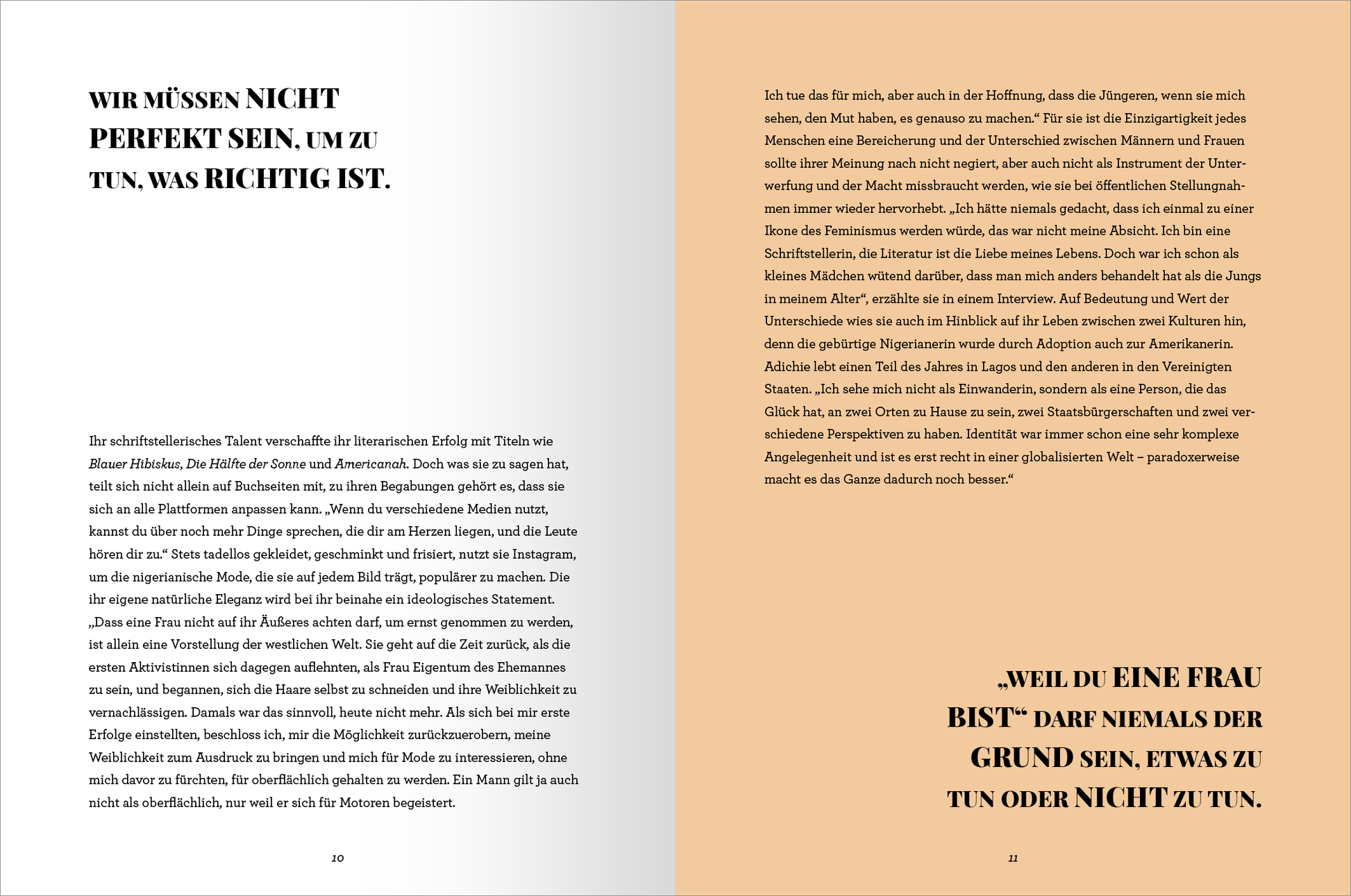 Gezeigt wird eine Innenansicht von „WOMEN“. Die linke Seite präsentiert einen weißen Hintergrund mit schwarzer Typografie, die eine klare, moderne Schriftart verwendet. Der Text beginnt mit „WIR MÜSSEN NICHT PERFEKT SEIN, UM ZU TUN, WAS RICHTIG IST.“ Die rechte Seite hat einen warmen, orangefarbenen Hintergrund mit einer großen, fetten Schrift in Schwarz, die den Satz „WEIL DU EINE FRAU BIST, DARF NIEMALS DER GRUND SEIN, ETWAS ZU TUN ODER NICHT ZU TUN.“ enthält.