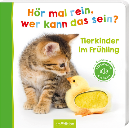 Das Buchcover zeigt eine niedliche Katze, die neugierig ein gelbes Küken ansieht. Der Hintergrund ist hell und freundlich gestaltet, mit einer kräftig grünen vertikalen Leiste auf der linken Seite. Der Titel „Hör mal rein, wer kann das sein?“ ist in bunten, verspielten Buchstaben platziert, während darunter die Schrift „Tierkinder im Frühling“ in lebhaftem Grün erscheint. Ein Hinweis „Geliebt von Millionen Kindern“ sowie ein Button „STREICHELN &amp; HÖREN“ sind ebenfalls...