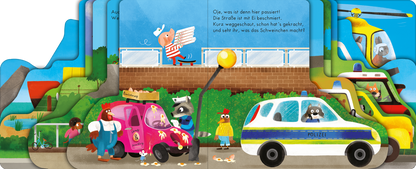Gezeigt wird eine Innen- oder Zusatzansicht von „Auf zum Einsatz!“. Die Illustration zeigt eine bunte, lebendige Szene mit mehreren tierischen Charakteren. Ein Feuerwehrwagen in leuchtendem Rot und ein Polizeiwagen in Weiß mit blauen Streifen stehen im Vordergrund. Im Hintergrund sieht man eine Spielplatzsituation sowie ein Hubschrauber, der am Himmel schwebt. Die Schrift ist klar und kindgerecht, und die Farben sind hell und fröhlich, wodurch eine einladende Atmosphäre entsteht.