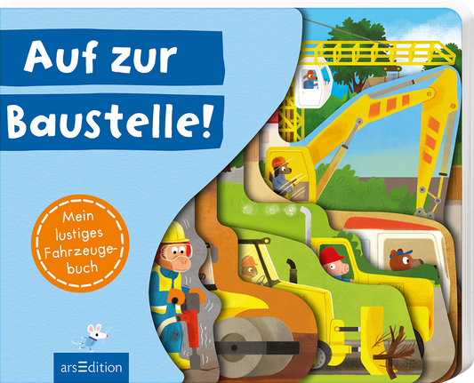 Das Buchcover zeigt eine farbenfrohe Illustration einer Baustelle mit verschiedenen Baustellenfahrzeugen und arbeiteten Figuren. Der Hintergrund ist in sanften Grüntönen gehalten, während der Titel „Auf zur Baustelle!“ in großen, weißen Buchstaben auf einem blauen Feld prangt. In der unteren Ecke ist ein orangefarbener Kreis mit dem Text „Mein lustiges Fahrzeugbuch“ zu sehen. Die Atmosphäre wirkt fröhlich und einladend, ideal für Kinder. Ganz unten mittig steht der...
