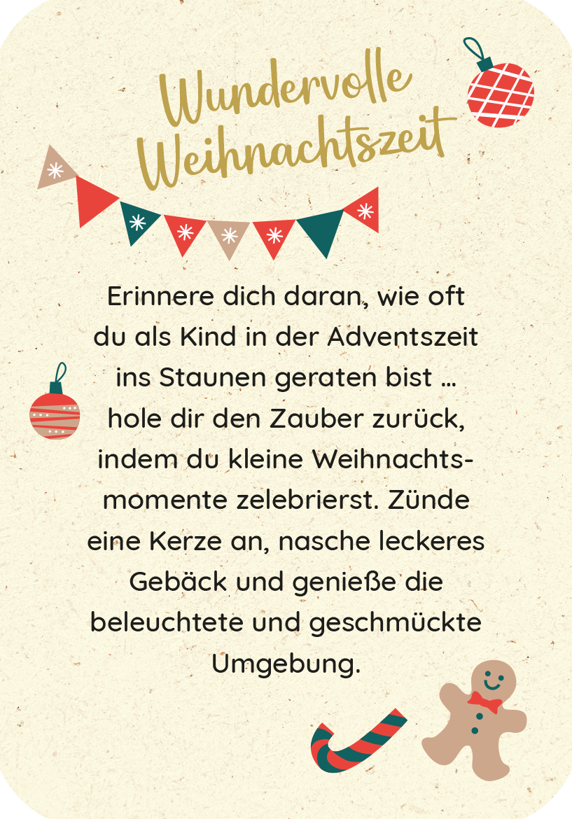 Gezeigt wird eine Innen- oder Zusatzansicht von „Wünsche von den Weihnachtswichteln“. Der Hintergrund hat einen sanften, cremefarbenen Ton und ist mit verspielten, festlichen Elementen geschmückt. Oben prangt der goldene Schriftzug „Wundervolle Weihnachtszeit“. Darunter folgt ein aufmerksamer Text in klarer, schwarzer Typografie. Bunte Weihnachtsdekorationen, wie Geschenkanhänger und eine Zuckerstange, verleihen der Seite eine fröhliche Atmosphäre.