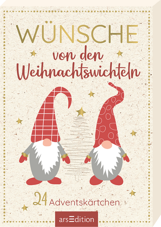 Auf dem Buchcover „Wünsche von den Weihnachtswichteln“ sind zwei niedliche Weihnachtswichtel abgebildet, die in festlichen Farben gehalten sind. Der linke Wichtel trägt eine karierte Mütze in Rot und Weiß, während der rechte Wichtel eine rote Mütze mit Punkten hat. Der Titel „WÜNSCHE“ steht in großen, goldenen Buchstaben, unter dem eine rote Schrift „von den Weihnachtswichteln“ zu sehen ist. Im unteren Bereich sind die Worte „24 Adventskärtchen“ platziert. Ganz unten...