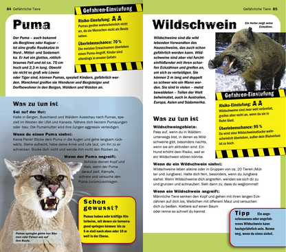 Gezeigt wird eine Innen- oder Zusatzansicht von „Die 100 gefährlichsten Dinge der Welt“. Die Seite enthält zwei nebeneinander stehende Abschnitte über gefährliche Tiere: Puma und Wildschwein. Der Hintergrund ist hell mit bunten Kästen in Gelb und Schwarz für Gefahrenhinweise. Die Typografie variiert zwischen großen Überschriften und übersichtlichem Fließtext. Jede Seite enthält Bilder der Tiere, die eindrucksvoll dargestellt sind, und informative Textboxen zu Risiken und...