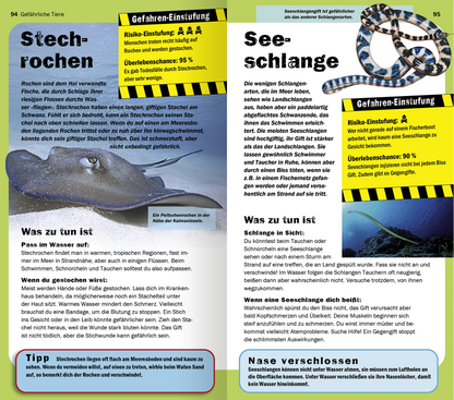 Gezeigt wird eine Innen- oder Zusatzansicht von „Die 100 gefährlichsten Dinge der Welt“. Die Seiten sind farblich in Weiß und Blau gestaltet, wobei wichtige Informationen in einem kräftigen Gelb hervorgehoben werden. Links ist eine detaillierte Abbildung eines Stechrochens zu sehen, rechts eine Ansichtszeichnung einer Seeschlange. Die Typografie ist klar und gut lesbar, mit hervorgehobenen Begriffen zur Risikobewertung und Tipps für den Umgang mit den Tieren. Die Layouts sind...