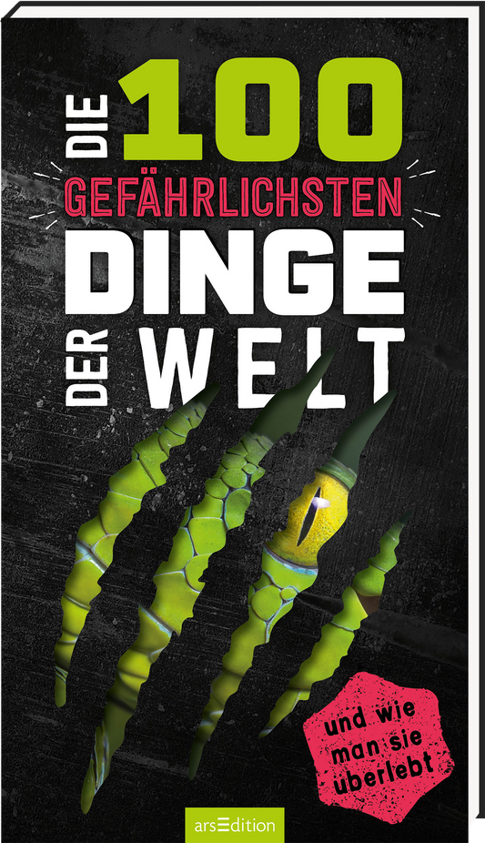 Das Buchcover zeigt auf schwarzem Hintergrund den Titel „Die 100 gefährlichsten Dinge der Welt“ in großen, auffälligen Buchstaben. Die Zahl „100“ ist in leuchtendem Gelb, während „gefährlichsten“ in Rot hervorgehoben ist. Unter dem Titel steht in weißer Schrift „Dinge der Welt“. Links sind durch Kratzspuren in leuchtendem Grün und Gelb Akzente gesetzt. Unten links befindet sich ein roter Button mit dem Text „und wie man sie überlebt“. Ganz unten mittig steht der...