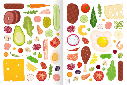 Gezeigt wird eine Innen- oder Zusatzansicht von „Erstes Stickern – Lieblingsessen“. Die Illustration zeigt eine Vielzahl von Lebensmitteln in bunten Farben, darunter rote Tomaten, grüne Blätter, gelbe Käse- und Wurstscheiben sowie verschiedene Gemüsesorten wie Karotten und Gurken. Die Typografie ist verspielt und kindgerecht, die Elemente sind klar und fröhlich gestaltet. Der hellweiße Hintergrund hebt die Farben der Nahrungsmittel zusätzlich hervor.