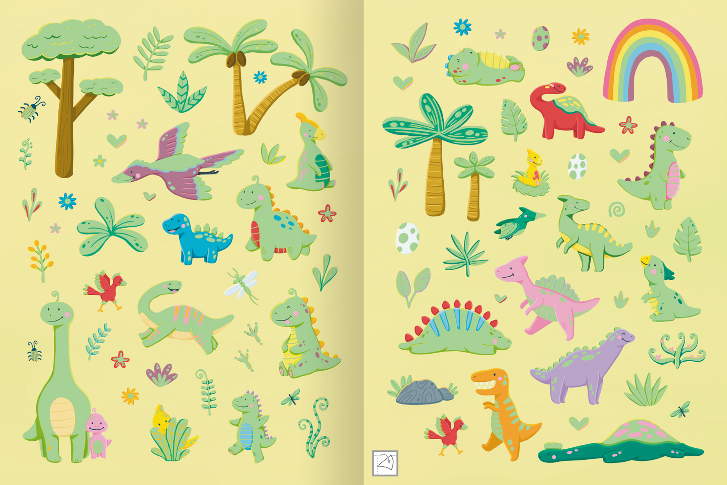 Gezeigt wird eine Innen- oder Zusatzansicht von „Erstes Stickern Metallic – Dinosaurier“. Die Seite zeigt bunte, cartoonhafte Dinosaurier in verschiedenen Farben wie Grün, Blau, Rot und Lila, umgeben von Pflanzen und Blumen. Das lebendige Gelb des Hintergrunds sorgt für einen fröhlichen Gesamteindruck.