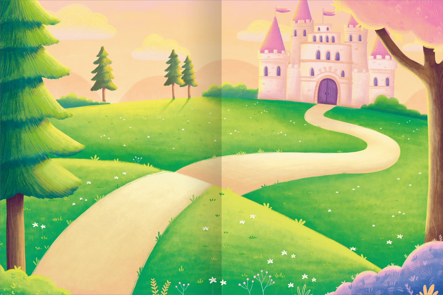 Gezeigt wird eine Innen- oder Zusatzansicht von „Erstes Stickern Metallic – Einhörner“. Die Illustration zeigt eine traumhafte Landschaft mit einem sanft geschwungenen Weg, der zu einem märchenhaften Schloss führt. Umgeben von hohen, grünen Bäumen und blühenden Wiesen, dominiert ein sanfter Farbverlauf in Pastelltönen. Der Himmel ist pink und orange, mit wenigen Wolken, während zarte Blumen den Boden schmücken. Am Ende des Weges ragt ein rosa Schloss in den Himmel.