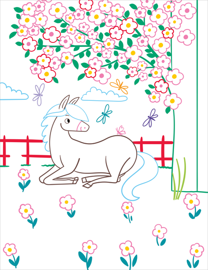 Gezeigt wird eine Innen- oder Zusatzansicht von „Zauberbilder – Pferde und Ponys“. Die Illustration zeigt ein liegendes, cartoonhaftes Pferd mit blauer Mähne, umgeben von bunten Blumen und Schmetterlingen. Im Hintergrund ist ein blühender Baum und ein Zaun in Rot zu sehen.
