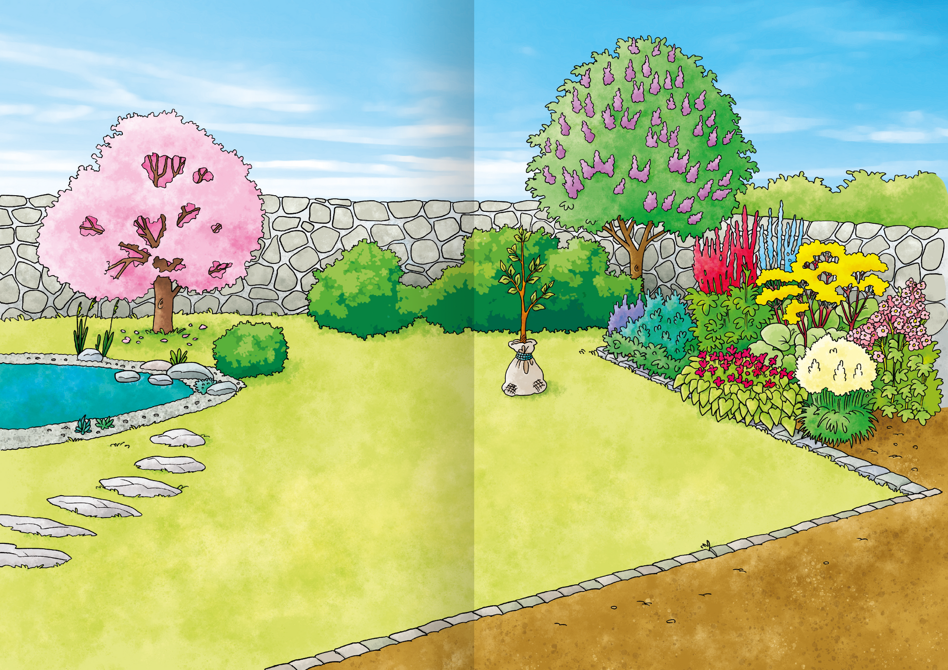 Gezeigt wird eine Innen- oder Zusatzansicht von „Mein Garten-Stickerheft“. Die Illustration zeigt eine helle und freundliche Gartenlandschaft mit einem runden Teich im Vordergrund, umgeben von großen Steinen. Auf der linken Seite blüht ein rosa Baum, während rechts verschiedene bunte Blumen und Sträucher in kräftigen Farben wie Grün, Gelb und Rot angeordnet sind. Der Himmel ist strahlend blau, was eine fröhliche und einladende Stimmung vermittelt. Die verwendete Schrift ist klar und...
