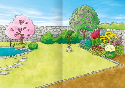 Gezeigt wird eine Innen- oder Zusatzansicht von „Mein Garten-Stickerheft“. Die Illustration zeigt eine helle und freundliche Gartenlandschaft mit einem runden Teich im Vordergrund, umgeben von großen Steinen. Auf der linken Seite blüht ein rosa Baum, während rechts verschiedene bunte Blumen und Sträucher in kräftigen Farben wie Grün, Gelb und Rot angeordnet sind. Der Himmel ist strahlend blau, was eine fröhliche und einladende Stimmung vermittelt. Die verwendete Schrift ist klar und...
