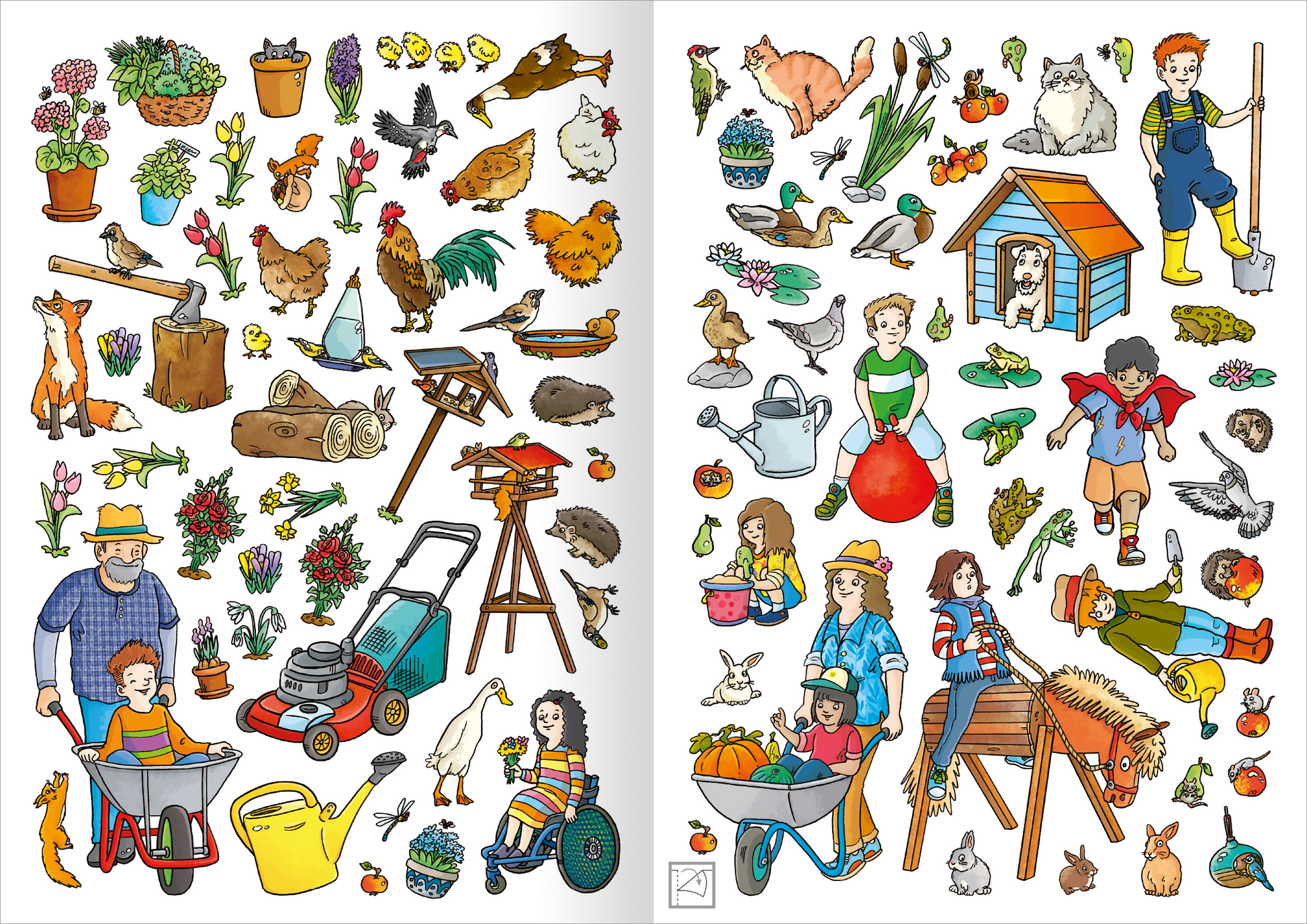 Gezeigt wird eine Innen- oder Zusatzansicht von „Mein Garten-Stickerheft“. Die Seite zeigt eine bunte Ansammlung von Gartenmotiven, einschließlich Tieren, Pflanzen und Gartenwerkzeugen. Auf der linken Seite sind unter anderem Vögel, Blumen, ein Rasenmäher und eine Schubkarre abgebildet. Die rechte Seite zeigt Szenen von Kindern und einem Hund, die im Garten arbeiten und spielen. Die Farbpalette umfasst lebhafte Grün- und Erdnuancen, mit klaren, einfach lesbaren Illustrationen und einer...