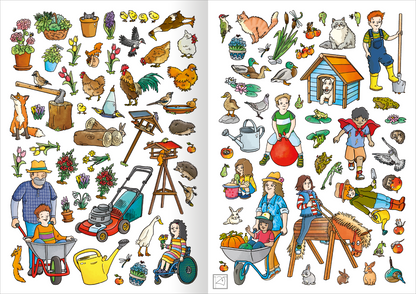 Gezeigt wird eine Innen- oder Zusatzansicht von „Mein Garten-Stickerheft“. Die Seite zeigt eine bunte Ansammlung von Gartenmotiven, einschließlich Tieren, Pflanzen und Gartenwerkzeugen. Auf der linken Seite sind unter anderem Vögel, Blumen, ein Rasenmäher und eine Schubkarre abgebildet. Die rechte Seite zeigt Szenen von Kindern und einem Hund, die im Garten arbeiten und spielen. Die Farbpalette umfasst lebhafte Grün- und Erdnuancen, mit klaren, einfach lesbaren Illustrationen und einer...