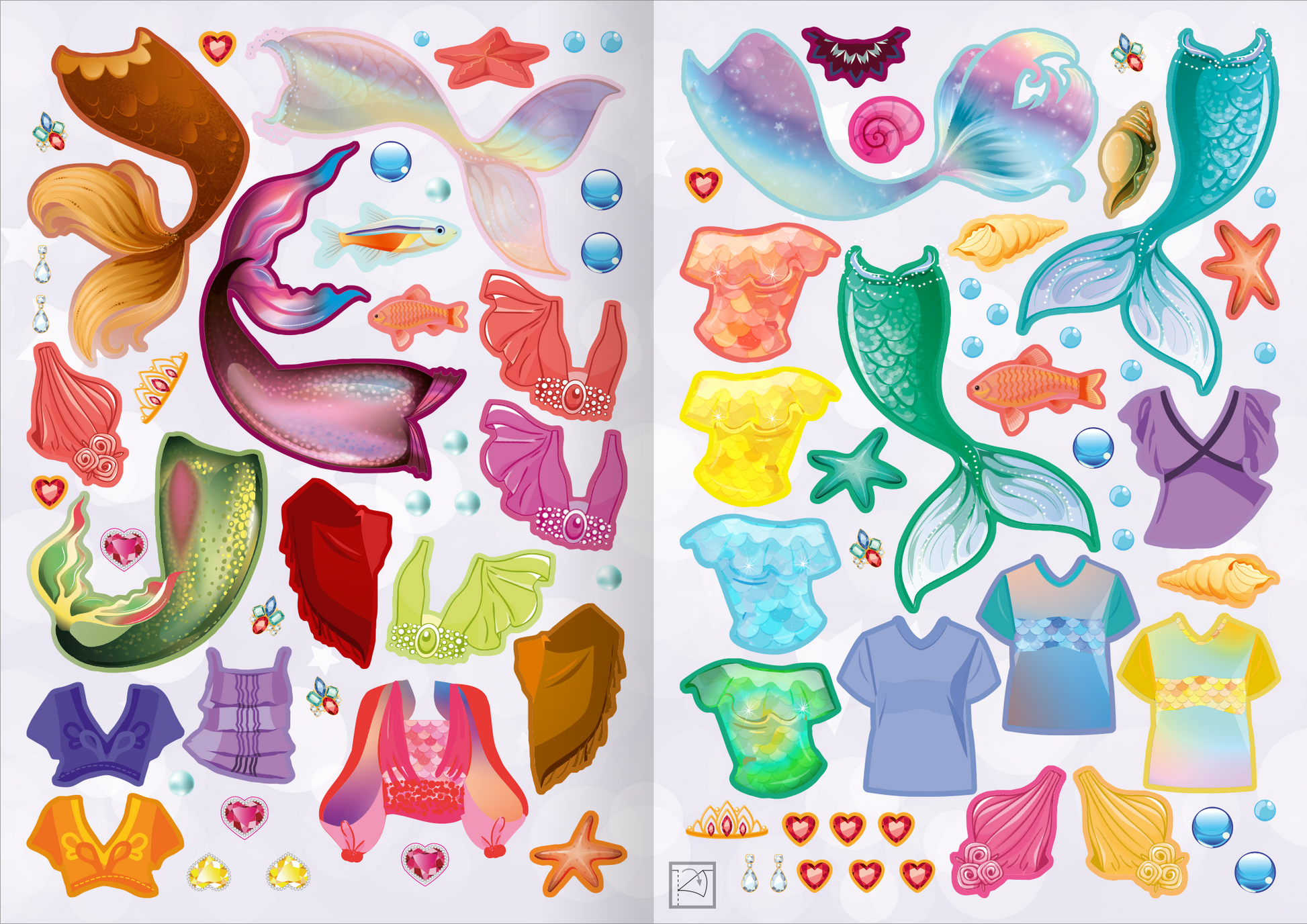 Gezeigt wird eine Innen- oder Zusatzansicht von „Sticker-Anziehpuppen Metallic – Meerjungfrauen“. Die Ansicht zeigt eine Vielzahl von bunten Stickern, darunter farbenfrohe Oberteile und Schwanzflossen. Die Farben variieren von intensivem Blau und Grün bis hin zu sanften Pastelltönen. Zudem sind maritime Elemente wie Muscheln und Diamanten abgebildet.