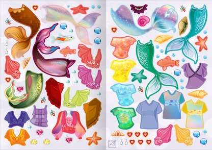 Gezeigt wird eine Innen- oder Zusatzansicht von „Sticker-Anziehpuppen Metallic – Meerjungfrauen“. Die Ansicht zeigt eine Vielzahl von bunten Stickern, darunter farbenfrohe Oberteile und Schwanzflossen. Die Farben variieren von intensivem Blau und Grün bis hin zu sanften Pastelltönen. Zudem sind maritime Elemente wie Muscheln und Diamanten abgebildet.