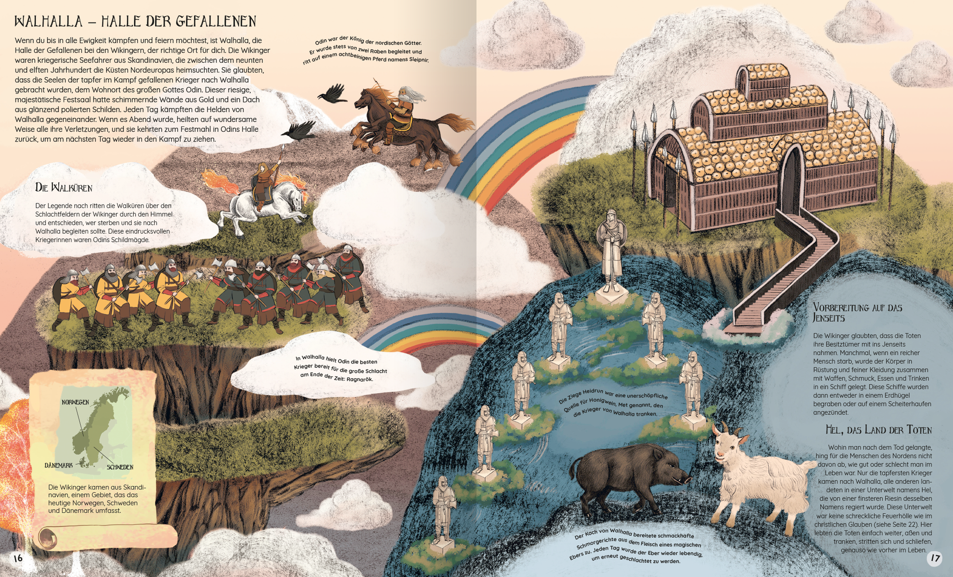 Gezeigt wird eine Innen- oder Zusatzansicht von „Atlas der verborgenen Welten“. Die Seite zeigt eine farbenfrohe, künstlerische Darstellung von Walhalla, umgeben von Wolken und einem Regenbogen. Verschiedene Figuren auf einem hügeligen Gelände interagieren mit mythologischen Tieren. Der Text ist in einer gut lesbaren, verspielten Typografie angeordnet und hebt zentrale Erzählstränge hervor. Die warmen und kühlen Farbtöne ergänzen die fantasievolle Szenerie und laden zum Entdecken...