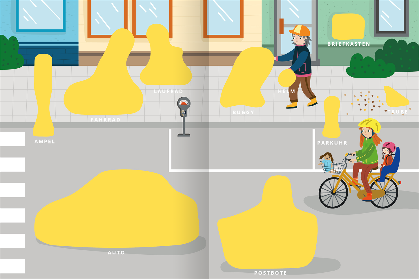 Gezeigt wird eine Innen- oder Zusatzansicht von „Mein erstes Sticker-Bilderlexikon – Meine Welt“. Die Illustration zeigt eine Straßenansicht mit bunten, kindgerechten Figuren, darunter ein Junge und ein Mädchen auf dem Fahrrad. Um sie herum sind gelbe, abstrahierte Umrisse von Gegenständen wie einem Auto, einer Ampel und einem Buggy. Die Farben sind hell und einladend, während die Typografie schlicht gehalten ist und wichtige Begriffe klar erkennen lässt.