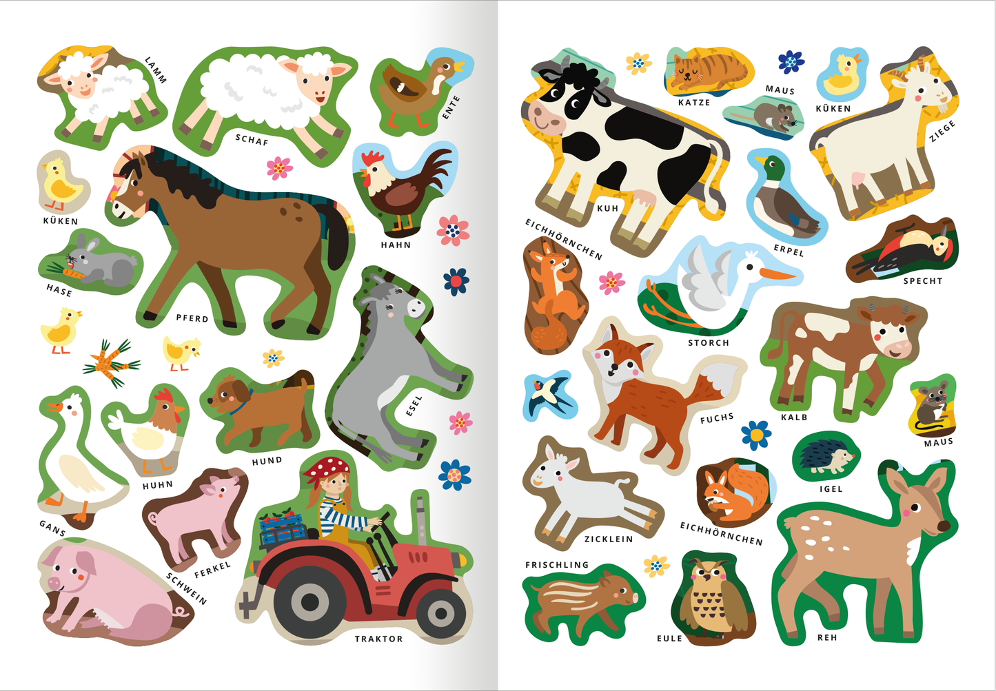 Gezeigt wird eine Innen- oder Zusatzansicht von „Mein erstes Sticker-Bilderlexikon – Tiere“. Die Seite zeigt eine Vielzahl von bunten Tierstickern in lebhaften Farben, darunter ein Pferd, eine Kuh und eine Katze. Die Tiermotive sind liebevoll illustriert und klar abgegrenzt, um die Identifikation zu erleichtern. Unter jedem Sticker befindet sich der Name des Tieres in einer kindgerechten, großen Schrift. Zusätzlich sind farbige Blumen und ein Traktor dargestellt, die das Gesamtbild...
